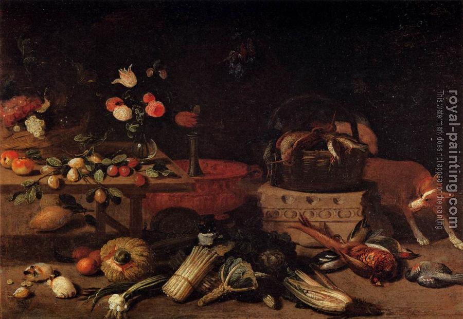Jan Van Kessel : Interior of a Kitchen with a Dog